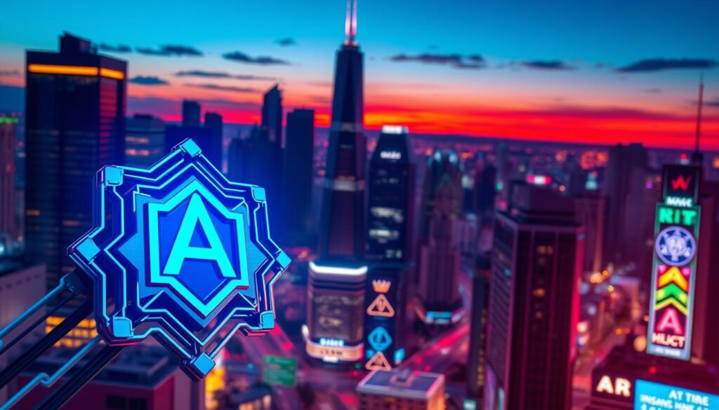 A bold, vibrant AI-themed poster set against a dynamic cityscape backdrop. In the foreground, a striking AI-inspired graphic element commands attention, with sleek metallic accents and a futuristic, geometric design. The middle ground features a bustling urban scene, with towering skyscrapers, neon-lit streets, and a sense of technological progress. The background showcases a deep, saturated color palette, perhaps a vivid sunset or a starry night sky, creating a sense of wonder and the limitless potential of AI. The overall composition should evoke a sense of innovation, creativity, and the transformative power of artificial intelligence.