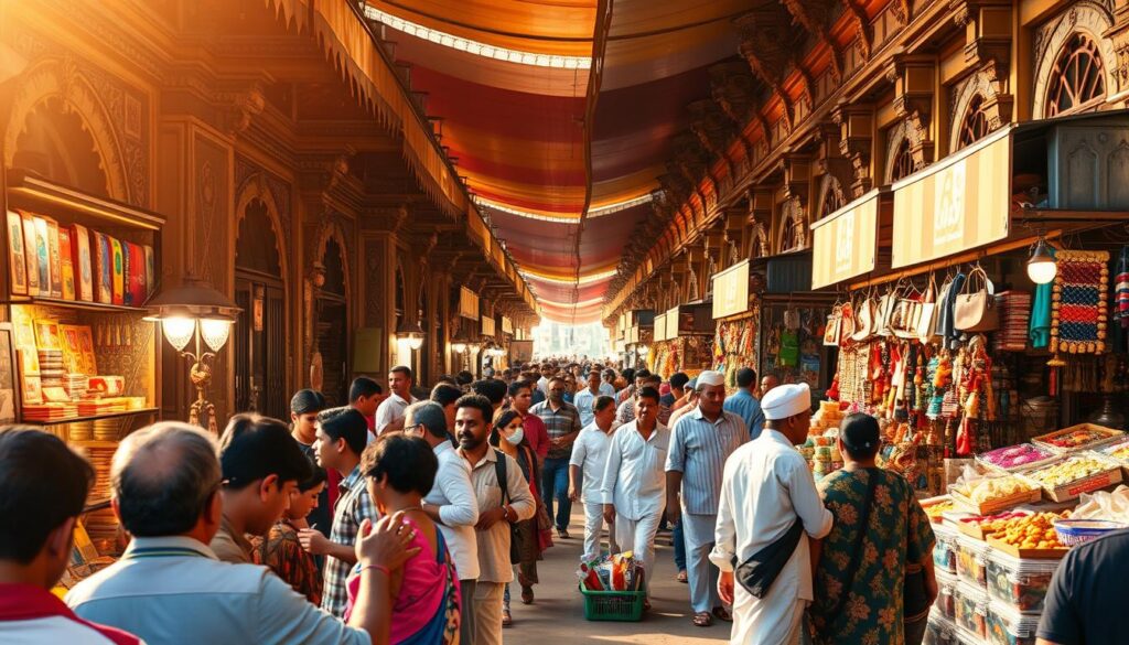 A bustling outdoor market in a vibrant Indian city, with rows of colorful stalls selling a wide variety of goods. The foreground features a lively scene of local vendors haggling with customers, their hands gesturing animatedly. In the middle ground, shoppers browse through the eclectic wares on display, from textiles and spices to handcrafted trinkets. The background is filled with the architectural details of the market's buildings, their facades adorned with intricate carvings and vibrant paint. Warm, golden sunlight filters through the awnings, casting a soft glow over the entire scene. The atmosphere is one of energy, hustle, and the rich cultural vibrancy of the local community.
