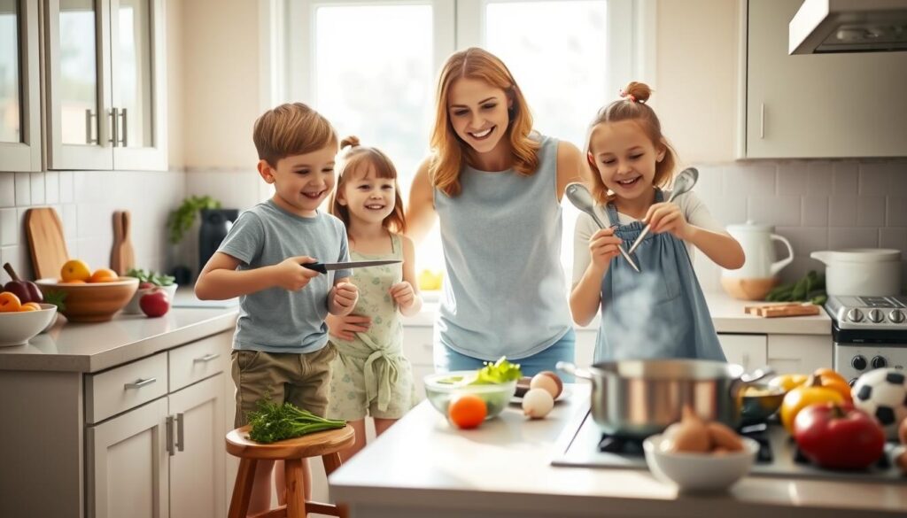 A cheerful, sunny kitchen setting with a mother and her two children excitedly preparing a meal together. The children, a boy and a girl, stand on stools, their faces lit with joy as they chop vegetables, mix ingredients, and watch the pot on the stove. The mother guides them, her expression warm and encouraging. Soft, diffused lighting illuminates the scene, creating a cozy, inviting atmosphere. The countertops are cluttered with bowls, utensils, and fresh produce, reflecting the lively activity. The overall mood is one of family bonding, shared responsibility, and the joy of learning to cook healthy, nutritious meals.
