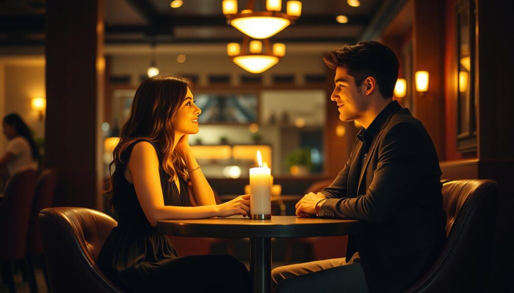 A cozy, dimly lit cafe with warm lighting and a chic, modern interior. A young couple sitting at a small, circular table, gazing into each other's eyes and engaged in deep conversation. The woman wears a stylish, flowing dress, while the man is dressed in a smart, casual outfit. The table is adorned with a single, elegant candle, casting a soft glow on their faces. The background is blurred, emphasizing the intimacy of the moment. The scene conveys a sense of comfort, connection, and the excitement of a first date.