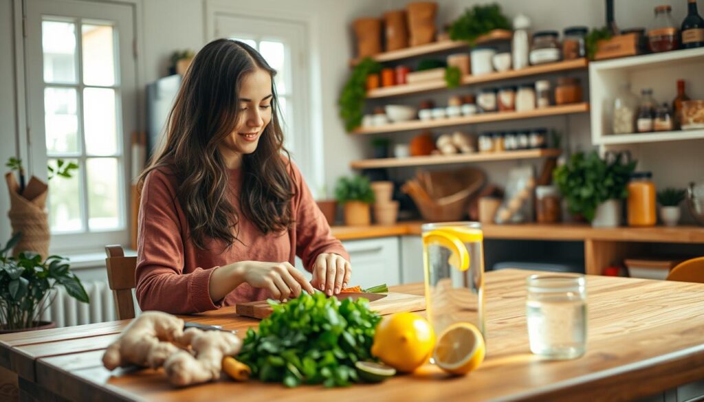 A cozy kitchen interior, filled with natural light and wholesome ingredients. In the foreground, a woman sits at a wooden table, carefully chopping fresh vegetables. Surrounding her, various home remedies are displayed - ginger, turmeric, lemons, and a glass of infused water. The background showcases a well-stocked pantry, with shelves of spices, herbs, and healthy snacks. The overall atmosphere is one of simplicity, nourishment, and a holistic approach to weight management. Soft, warm lighting casts a gentle glow, creating a serene and inviting ambiance.
