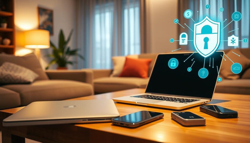 A cozy living room with a laptop, smartphone, and digital payment devices on a wooden table. Soft lighting casts a warm glow, creating a sense of security and comfort. In the background, a stylized illustration of a secure online shopping experience, with encrypted data streams and protective icons. The composition conveys the importance of online privacy and digital payment safety, with a balanced, visually appealing aesthetic.