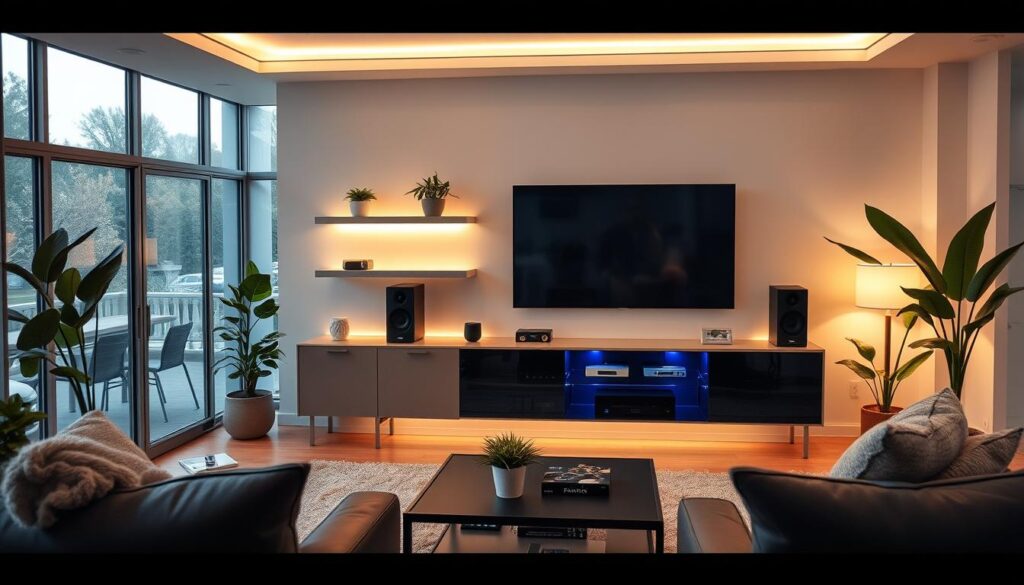 A cozy living room with a sleek, minimalist entertainment center featuring a large flat-screen TV, a state-of-the-art sound system, and various smart home devices seamlessly integrated. Ambient lighting sets a warm, inviting atmosphere, while the room is filled with natural light from large windows. Tasteful decor and potted plants add a touch of greenery, creating a harmonious and modern space. The overall scene exudes a sense of sophisticated technology blending seamlessly with a comfortable, relaxing ambiance.