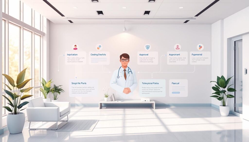 A detailed and visually engaging medical claim process illustration. Show a modern, streamlined user interface with clean lines and soothing pastel colors. Depict a doctor or healthcare professional guiding the viewer step-by-step through the claim submission, approval and payment stages. Include dynamic icons, progress bars, and animations to convey the efficient, hassle-free nature of the experience. Set the scene in a bright, airy hospital lobby or insurance office with potted plants, comfortable seating, and natural lighting filtering through large windows. Capture a sense of professionalism, empathy and customer-centric design that puts the policyholder at ease during the claims process.