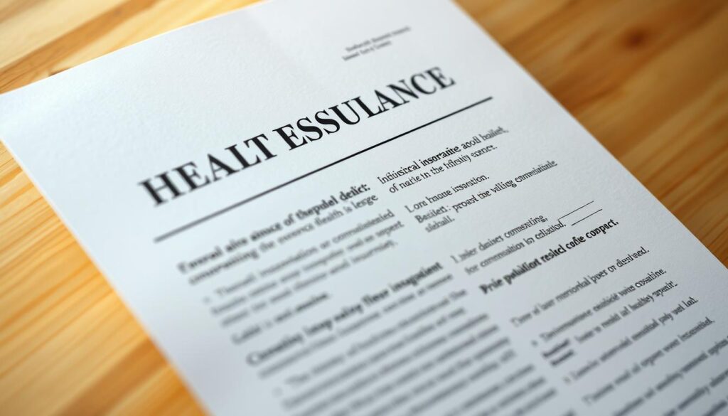 A detailed, close-up illustration of a health insurance policy document, with a crisp, clean layout and elegant typography. The document is set against a softly blurred, warm-toned background, evoking a sense of security and well-being. The lighting is gentle and natural, highlighting the tactile qualities of the paper and the clarity of the information. The composition is balanced and centered, drawing the viewer's eye to the key details of the policy. The overall mood is one of trust, reliability, and the importance of health protection.