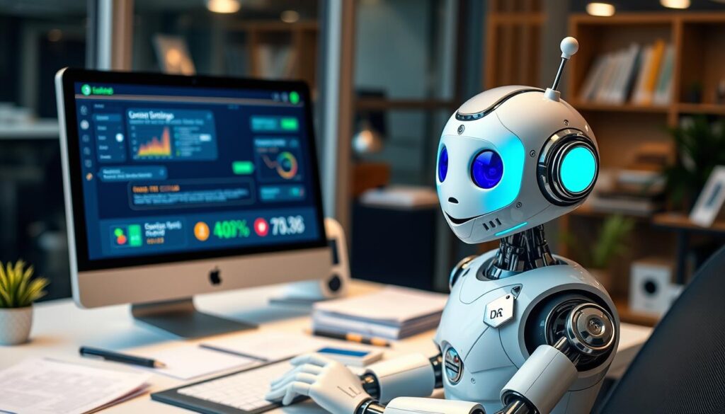 A detailed, high-resolution image of an AI chatbot engaging in lead generation for a small business. The chatbot is depicted as a friendly, approachable digital assistant, rendered in vibrant colors and soft lighting. The background features a modern office setting with a computer monitor, paperwork, and other business paraphernalia, conveying a professional, productive atmosphere. The chatbot's interface displays metrics and insights relevant to lead generation, highlighting its capabilities in converting customer inquiries into valuable sales leads. The overall scene demonstrates the power of AI-driven chatbots in driving business growth and success.