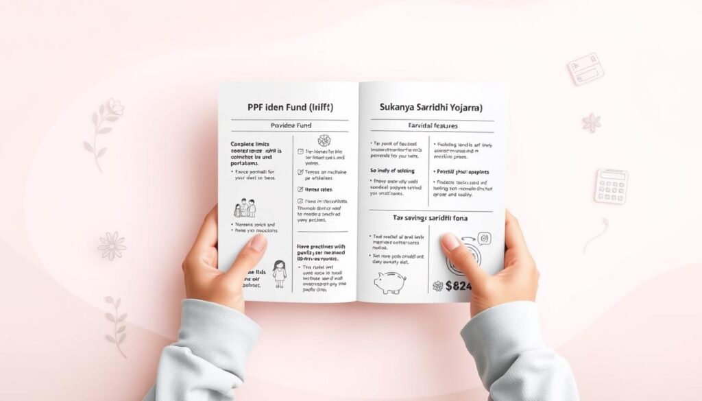 A detailed illustration depicting the key features of the Provident Fund (PPF) and Sukanya Samriddhi Yojana schemes. Set against a soft, pastel-toned background, the image showcases a pair of hands holding an open document that outlines the benefits and mechanics of these tax-saving investment plans. The foreground prominently features clean, minimalist icons and infographic elements that convey information about contribution limits, tenure, interest rates, and tax advantages. The middle ground includes subtle illustrations of a family, a piggy bank, and a financial calculator to reinforce the personal finance and wealth-building aspects. The background blends in soothing gradients and delicate patterns, creating an overall serene and informative visual experience.