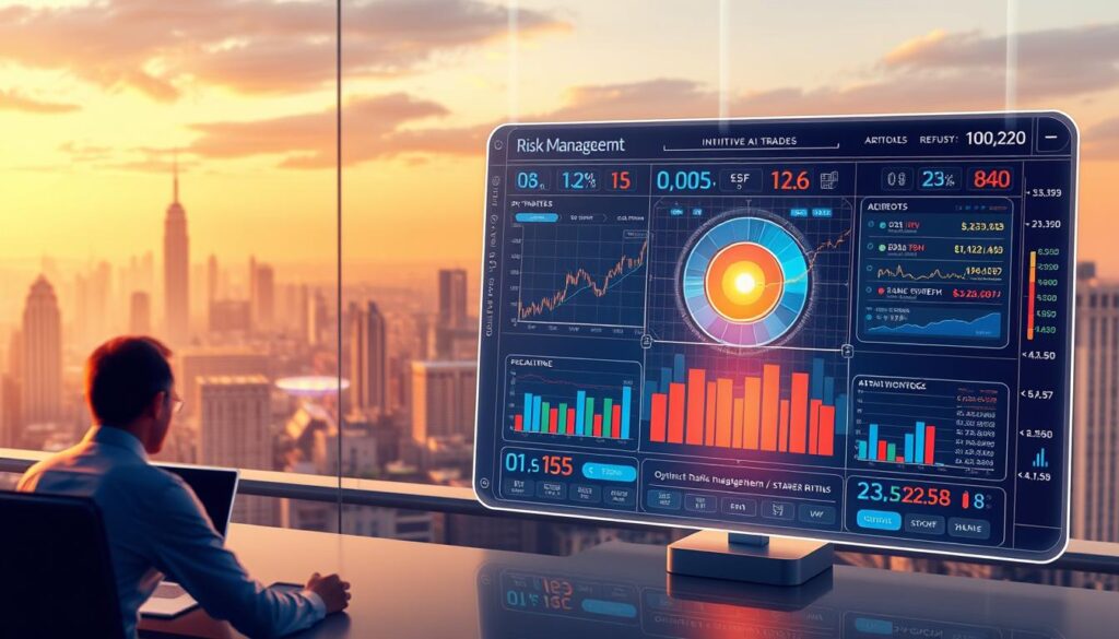 A detailed illustration of an AI-powered trading bot dashboard, showcasing intuitive risk management tools. In the foreground, a holographic interface displays real-time market data, volatility indicators, and automated trading strategies. The middle ground features a team of analysts meticulously monitoring the bot's performance, adjusting parameters to optimize risk-reward ratios. In the background, a futuristic cityscape reflects the integration of advanced financial technologies within the modern urban landscape. Warm lighting and a clean, minimalist aesthetic convey a sense of efficiency and control, underscoring the pivotal role of risk management in AI-driven trading.