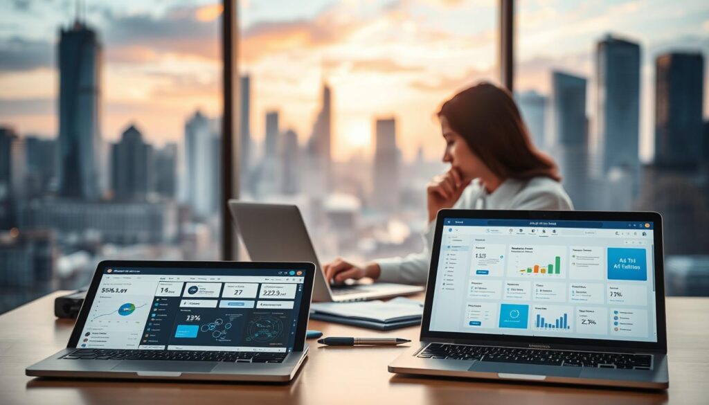 A detailed image of "AI Tool Reviews" set against a serene backdrop. In the foreground, various AI tools and platforms are displayed on sleek, modern devices, showcasing their features and capabilities. The middle ground depicts a workspace with a laptop, papers, and a thoughtful person analyzing the tools. In the background, a soft, blurred cityscape with skyscrapers and a vibrant sky creates a sense of context and professionalism. The lighting is natural and diffused, creating a warm, inviting atmosphere. The overall composition conveys a sense of productivity, research, and the strategic application of AI tools for personal and professional growth.