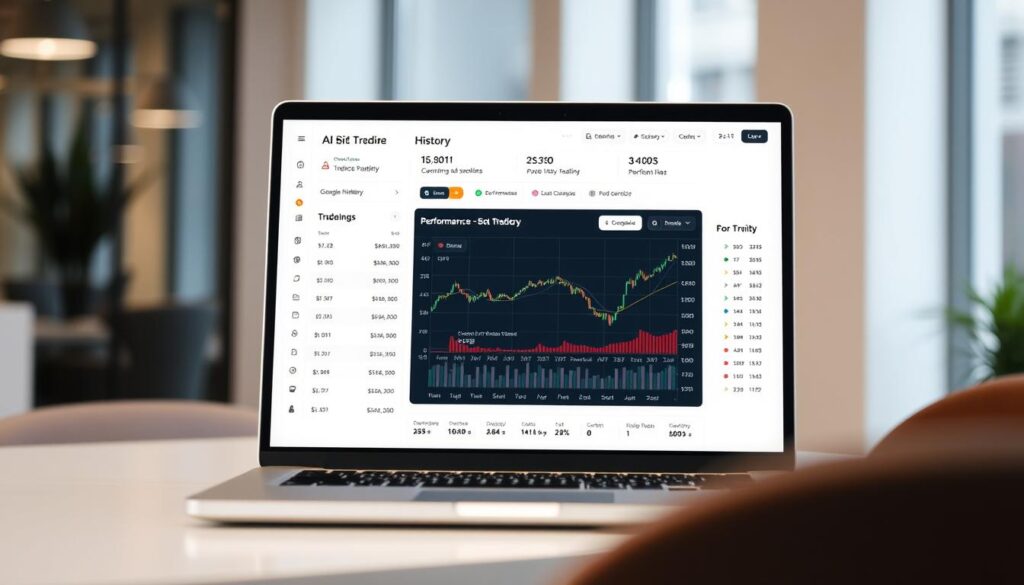 A detailed performance history chart of an AI trading bot displayed on a laptop screen, with a clean and minimalist user interface. The chart shows the bot's trading activity, performance metrics, and historical trading data in a visually appealing and informative manner. The scene is captured in a well-lit, modern office setting, with a neutral color palette and a sense of professionalism and technological sophistication. The image conveys the power and reliability of AI-driven trading strategies, highlighting the importance of carefully evaluating and selecting the right trading bot for generating passive income in the stock market.