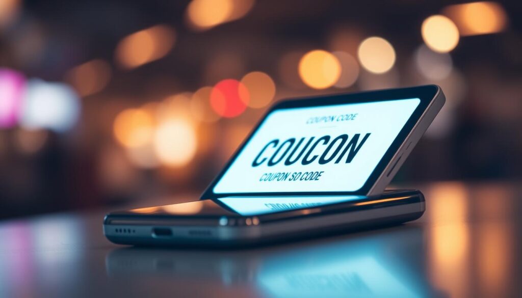 A digital coupon code displayed on a modern smartphone screen, glowing with a warm, inviting light. The code is prominently featured, with a simple, elegant design that draws the eye. The background is blurred, creating a sense of depth and focus on the coupon. The overall atmosphere is one of excitement and anticipation, as if the viewer is about to unlock a valuable discount or special offer. The image conveys the idea of taking advantage of online shopping deals and promotions through the strategic use of coupon codes.