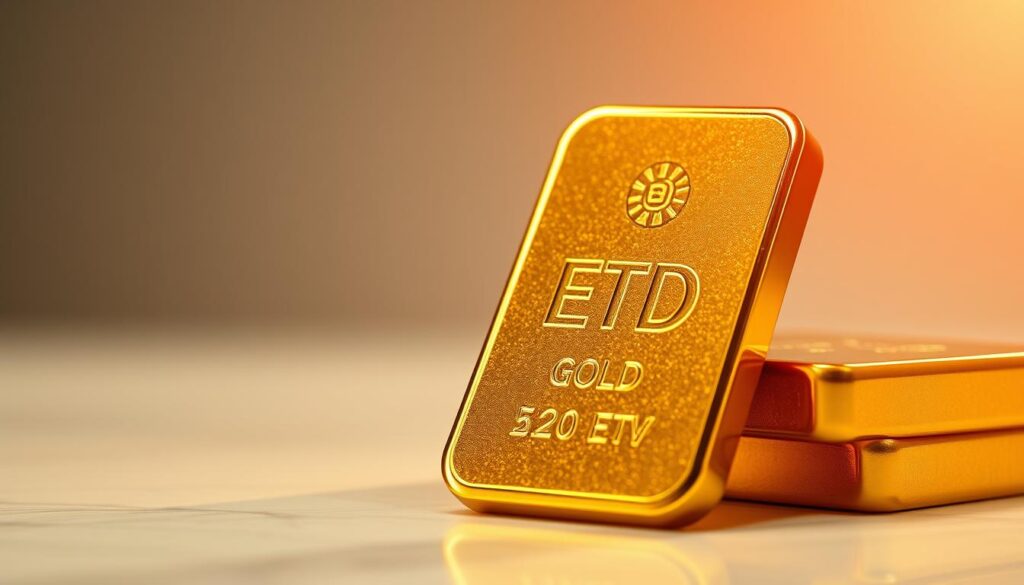 A digital representation of gold bullion, with a sleek and modern design. Captured in a high-resolution, close-up shot, the ETF (Exchange Traded Fund) bar gleams with a rich, lustrous golden hue, its edges and surfaces meticulously detailed. The lighting is soft and diffused, creating a warm, inviting atmosphere that accentuates the ETF's visual appeal. The background is blurred, allowing the ETF to be the focal point, while hinting at a minimalist, professional setting. The overall composition conveys a sense of sophistication and confidence in the digital gold investment option.