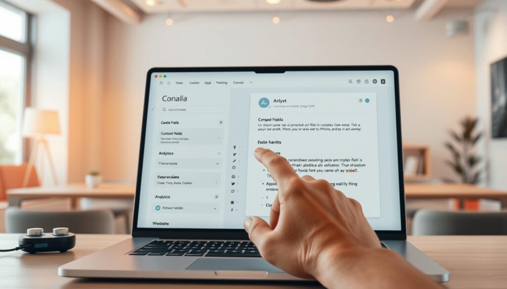 A digitally-rendered scene depicting a personalized email composition process powered by AI. In the foreground, an open laptop displays a user interface with customizable fields, templates, and analytics data. In the middle ground, a human hand interacts with the laptop, selecting options and crafting a personalized message. The background showcases a modern, minimalist office setting with warm lighting and subtle technological motifs. The overall atmosphere conveys a sense of efficiency, automation, and personalized engagement in the AI-driven email marketing workflow.