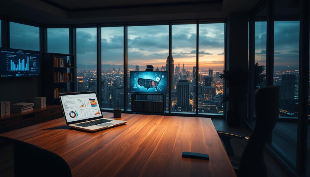 A dimly lit office interior, with a large wooden desk and a modern swivel chair in the foreground. On the desk, a laptop displays a sophisticated business planning interface, filled with charts, graphs, and AI-powered analytics. In the middle ground, a bookshelf with business strategy books and a wall-mounted display showing visualizations of automation processes. The background features floor-to-ceiling windows, offering a panoramic view of a bustling city skyline, bathed in a warm, golden hour glow. The overall atmosphere conveys a sense of focused, strategic planning for an AI-driven business venture.