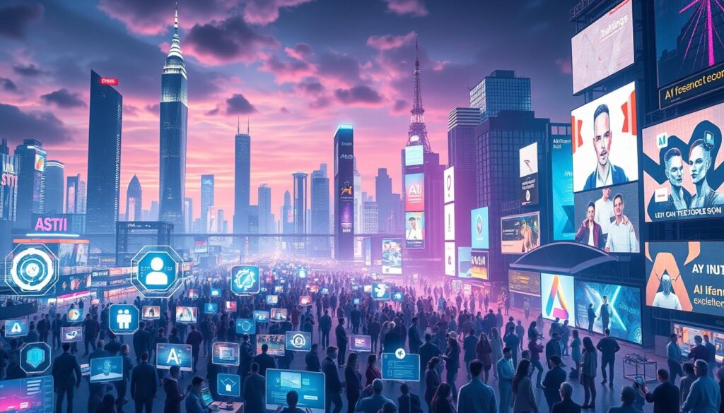 A futuristic cityscape with a bustling AI freelance marketplace, set against a backdrop of towering skyscrapers and a vibrant, neon-lit skyline. In the foreground, holographic interfaces and digital avatars hover over a crowded co-working space, where freelance AI developers collaborate on cutting-edge projects. The middle ground features a diverse array of AI-powered services and tools, each represented by sleek, minimalist icons. The background is illuminated by a dazzling array of virtual billboards and holographic advertisements, showcasing the latest advancements in AI-driven freelance services. The overall mood is one of innovation, dynamism, and limitless potential, capturing the essence of the AI freelance revolution.