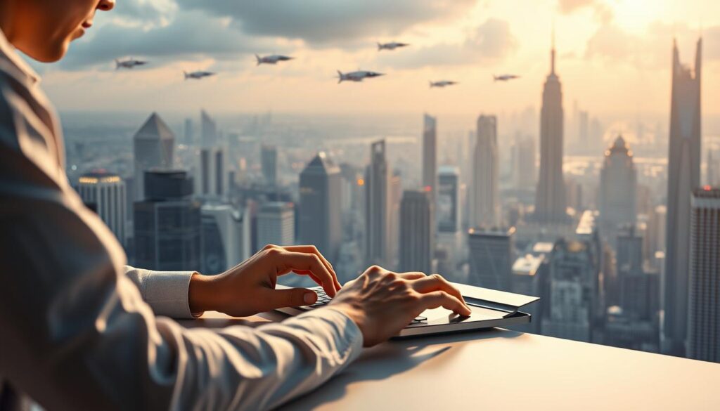 A futuristic scene depicting AI-powered content writing. In the foreground, a writer sits at a desk, their hands flying across a sleek, minimalist keyboard as they compose text on a hovering, holographic display. The background is a panoramic view of a bustling, high-tech city skyline, with towering skyscrapers and flying vehicles soaring above. Soft, directional lighting illuminates the writer's workspace, casting a warm, ambient glow. The scene conveys a sense of innovation, efficiency, and the seamless integration of AI technology into the creative process of content production.