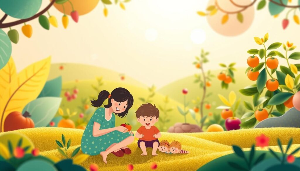 A harmonious blend of vibrant colors, organic shapes, and soothing textures, depicting the integrated approach to children's health, parenting, and nutrition. The foreground features a playful, stylized illustration of a family - a mother, father, and two children - engaged in a shared activity, perhaps a meal or a game, conveying the importance of family bonding and collaboration. The middle ground showcases a lush, verdant landscape with flourishing plants and fruits, symbolizing the abundance of natural, nutritious resources. In the background, a soft, ethereal glow illuminates the scene, creating a serene and calming atmosphere that reflects the holistic nature of the integrated perspective. The overall composition exudes a sense of balance, harmony, and the interconnectedness of various aspects of a child's well-being.