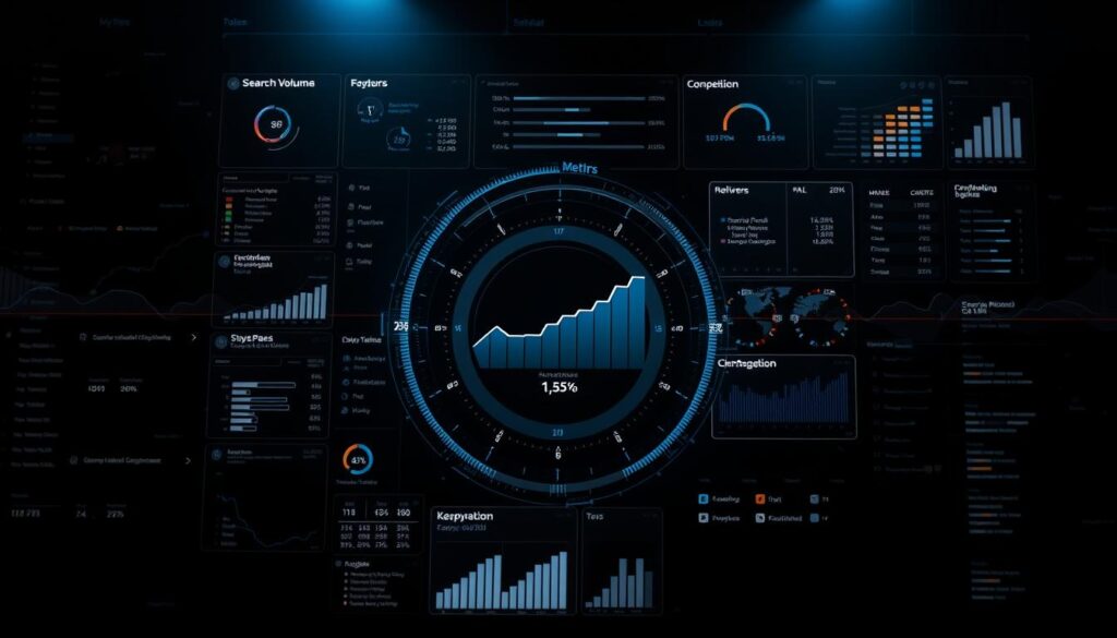 A high-contrast, analytical visualization of "Keyword Effectiveness Analysis" on a dark, data-driven backdrop. In the foreground, a central circular graph displays keyword metrics such as search volume, competition, and relevance. Surrounding it, a grid of smaller metrics charts and data visualizations. Glowing lines and grids suggest the flow of information. The overall aesthetic is sleek, technological, and focused on data-driven insights. Dramatic lighting from the side casts long shadows, creating depth and drama. The mood is one of strategic optimization and data-driven decision making.