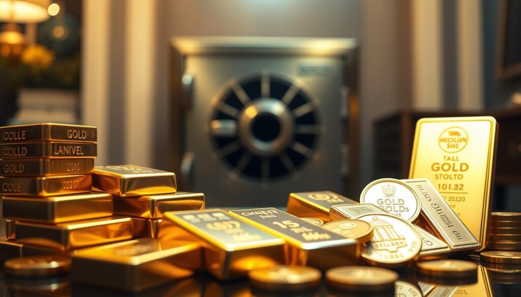 A high-quality, detailed image of physical gold bars and coins arranged in a striking display, capturing the essence of investment in tangible precious metals. The foreground showcases a collection of gleaming gold bullion and coin varieties, illuminated by soft, warm lighting that accentuates the metal's luster and allure. The middle ground features a sleek, contemporary safe or storage unit, hinting at the secure and reliable nature of physical gold investment. The background subtly suggests a luxurious, high-end setting, perhaps a private study or a financial institution, reinforcing the prestige and gravitas associated with this form of investment. The overall composition and mood evoke a sense of solidity, stability, and the timeless value of physical gold as a tangible asset.