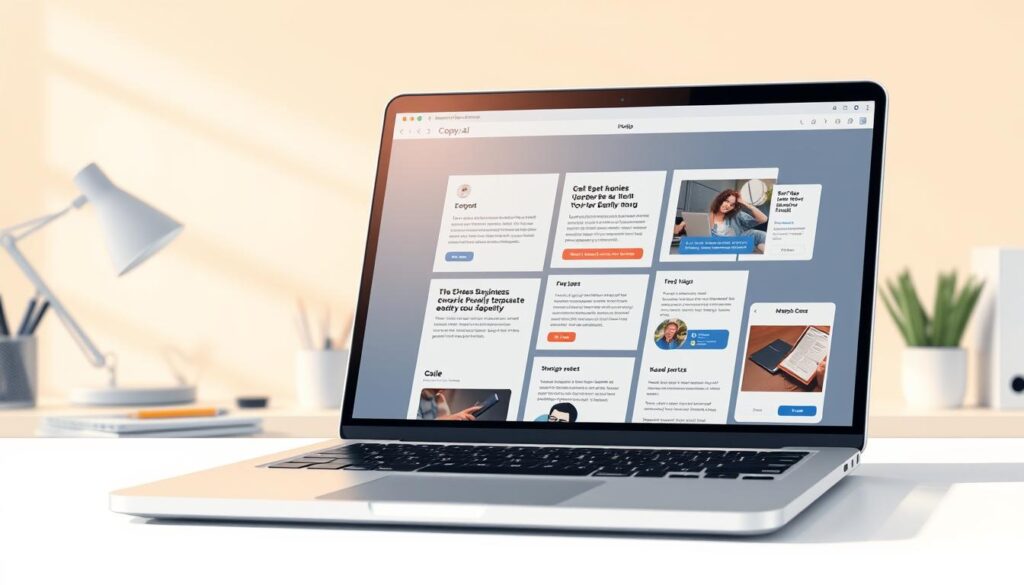 A high-resolution, detailed illustration showcasing the Copy.ai email templates. The foreground features a sleek, modern laptop display presenting a selection of customizable email templates in a visually appealing layout. The templates should showcase a range of styles, from professional business correspondence to engaging marketing campaigns. The middle ground depicts a clean, minimalist workspace setting with various office supplies, suggesting a productive, organized environment. The background features a warm, softly-lit backdrop, creating a calming, inviting atmosphere that complements the professional yet approachable nature of the email templates. Subtle shadows and highlights should enhance the three-dimensional depth and realism of the scene. The overall composition should convey the effectiveness and versatility of the Copy.ai email templates for crafting impactful, automated email campaigns.
