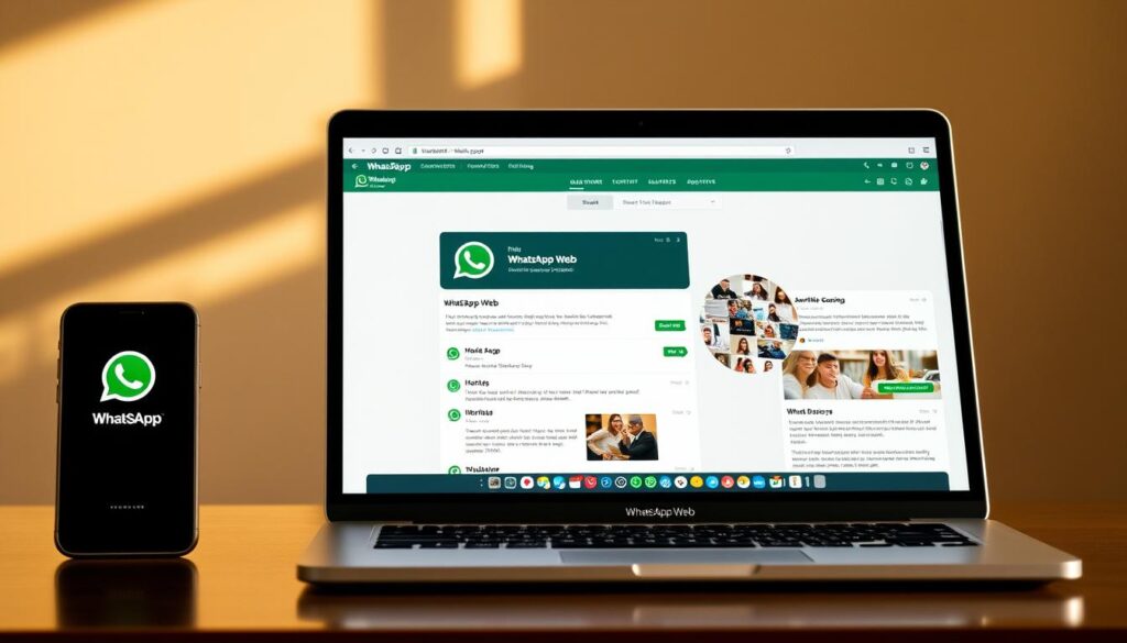 A high-resolution, hyper-realistic image of the WhatsApp Web multi-device feature. The scene depicts a modern, sleek smartphone and laptop side-by-side, showcasing the seamless synchronization of WhatsApp across multiple devices. The laptop display shows the WhatsApp Web interface, with clean typography and intuitive UI elements. The smartphone's screen mirrors the same content, highlighting the multi-device capability. Warm, natural lighting bathes the scene, creating a sense of harmony and functionality. The composition emphasizes the devices' elegant design and the user-friendly experience of managing WhatsApp on various platforms simultaneously.