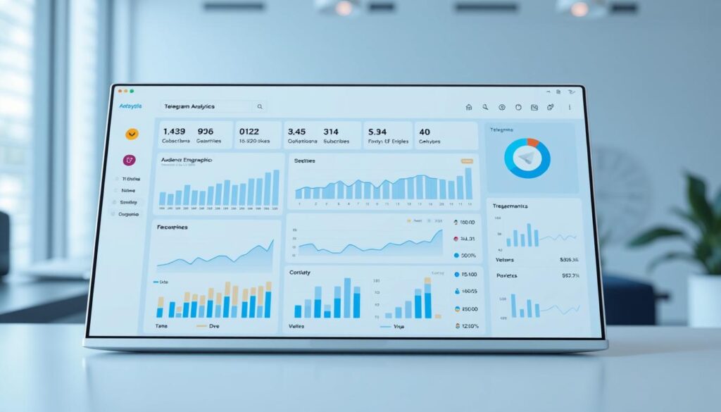 A high-resolution illustration of a Telegram channel's analytics dashboard, featuring detailed charts, graphs, and metrics on subscriber growth, engagement, audience demographics, and content performance. The dashboard is displayed on a sleek, modern interface with a clean, minimalist design and a cool, muted color palette. The scene is lit by soft, diffused lighting, creating a professional, data-driven atmosphere. The composition places the dashboard in the foreground, with a blurred background suggesting a workspace or office setting. The overall tone conveys the importance of understanding and leveraging Telegram channel analytics to build a successful online presence.