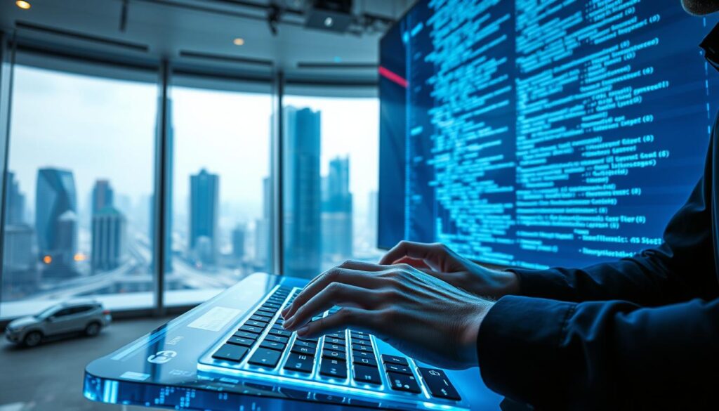 A high-tech workspace with a futuristic AI coding interface. In the foreground, a developer's hands type rapidly on a floating holographic keyboard, their focus intense. Behind them, a large curved display screen shows intricate lines of code scrolling by, bathed in a soft blue glow. In the background, a cityscape of gleaming skyscrapers and hovering vehicles can be seen through floor-to-ceiling windows, hinting at the advanced technological world this coding session is a part of. The lighting is cool and directional, creating dramatic shadows that emphasize the dynamism of the scene. An atmosphere of innovation, creativity, and the shaping of the future permeates the image.