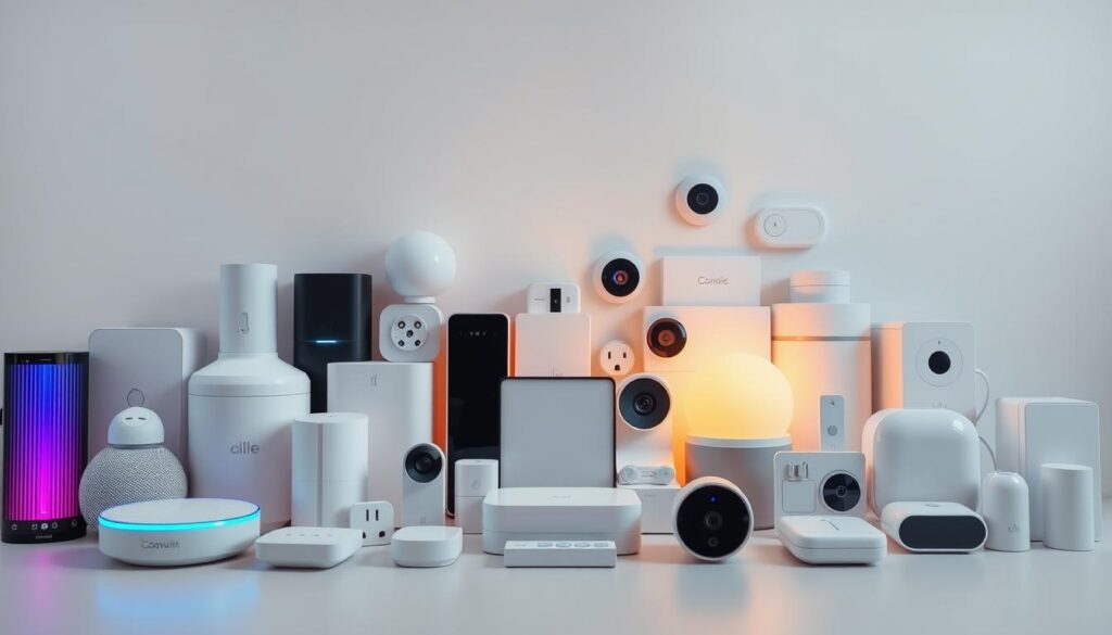 A highly detailed, photorealistic image of a collection of various Internet of Things (IoT) devices, including smart home hubs, voice assistants, wireless security cameras, smart plugs, and other connected gadgets. The devices are arranged in an organized and visually appealing layout, with clean lines and a minimalist aesthetic. The lighting is soft and diffused, creating a warm and inviting atmosphere. The angle is slightly elevated, giving a broad, comprehensive view of the IoT ecosystem. The devices are showcased against a plain, uncluttered background, allowing them to be the focal point of the image. The overall impression is one of technological sophistication and the seamless integration of smart home automation.