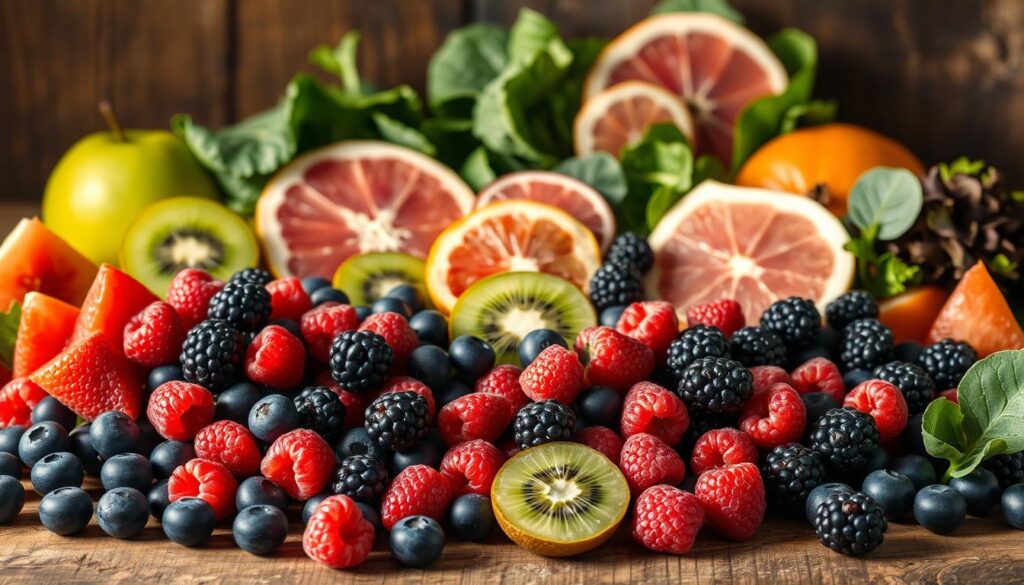 A lush, vibrant display of fresh, diabetes-friendly fruits arranged in a rustic, natural setting. In the foreground, a variety of seasonal berries - plump, juicy blueberries, raspberries, and blackberries - spill across a wooden surface, bathed in soft, warm lighting. In the middle ground, sliced kiwi, green apples, and pink grapefruit segments are neatly arranged, complementing the earthy tones of the background. Leafy greens, such as spinach and lettuce, frame the composition, highlighting the nutritional value of these diabetic-friendly choices. The overall scene conveys a sense of health, vitality, and a wholesome approach to managing diabetes through natural, flavorful foods.