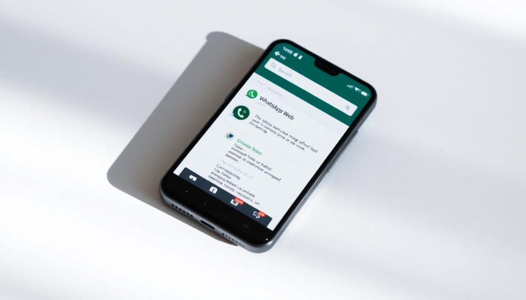 A mobile phone with the WhatsApp Web interface displayed on its screen, set against a clean, minimalist background. The phone is positioned in the center, with a slight angle to showcase the intuitive WhatsApp Web design. Soft, natural lighting illuminates the scene, creating a sense of simplicity and ease of use. The background is a neutral, slightly blurred color that allows the phone and its content to be the focal point. The overall composition conveys the seamless integration of WhatsApp Web on an Android device, inviting the viewer to explore its functionality.