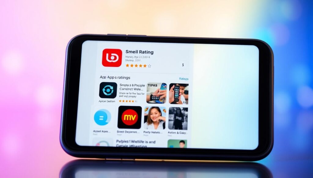 A modern smartphone screen displays a mobile app store interface, featuring app ratings and reviews prominently displayed. The foreground showcases several well-rated apps with 4 or 5-star ratings, their icons and descriptions conveying their diverse functionalities. The middle ground depicts users interacting with the app store, scrolling through listings and tapping on app details. The background subtly suggests the broader context of a vibrant mobile ecosystem, with colorful gradients and soft lighting creating a visually appealing, tech-savvy atmosphere. The overall scene conveys the importance of thorough research and informed decision-making when selecting the most suitable apps to meet one's specific needs.