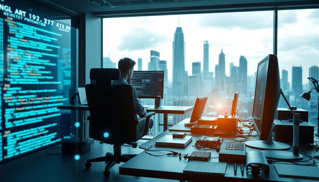 A modern, well-equipped software engineering workspace with a programmer's desk, chair, and computer setup. In the foreground, glowing holographic displays showcase lines of code and AI-generated designs. The middle ground features various programming tools, hardware components, and technical reference materials. The background depicts a futuristic cityscape with towering skyscrapers, reflecting the AI-powered technological advancements. Soft, cool-toned lighting casts a contemplative atmosphere, emphasizing the focus and creativity required for app and software development.
