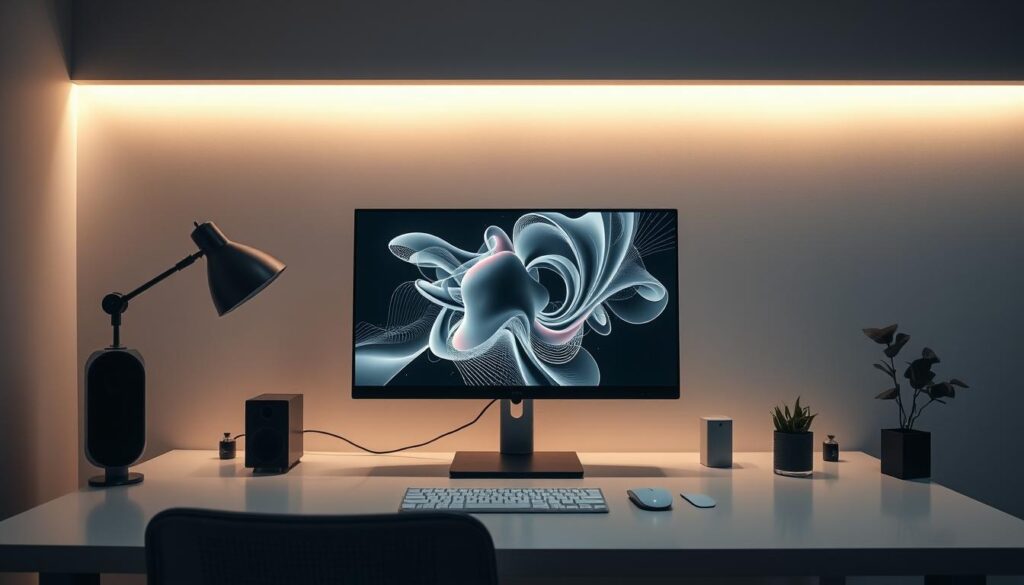 A serene and minimalist workspace with a sleek, faceless desktop computer setup. The screen displays a visually striking abstract generative art piece, hinting at the potential of AI-driven content creation. Indirect lighting casts a warm, inviting glow, while muted tones of gray, black, and white create a sense of sophistication. The composition emphasizes the computer hardware and the digital artwork, suggesting the profitability of a "faceless" content creation niche. Subtle details like a modern desk, a few carefully curated accessories, and a clean, uncluttered environment convey a professional, streamlined approach to AI-powered video and content production.