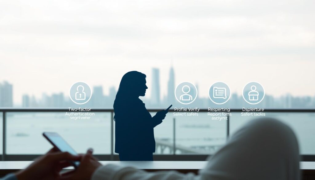 A serene and secure online dating environment with a sleek, modern interface. In the foreground, a digital silhouette of two individuals connecting via a mobile device, conveying the idea of safe and discreet interactions. The midground features a series of icons representing key safety features like two-factor authentication, profile verification, and discreet reporting tools. The background portrays a minimalist cityscape, suggesting the urban, connected nature of modern dating. Soft, diffused lighting creates a calming, trustworthy atmosphere. The composition emphasizes the balance between technology, personal safety, and the pursuit of meaningful connections.
