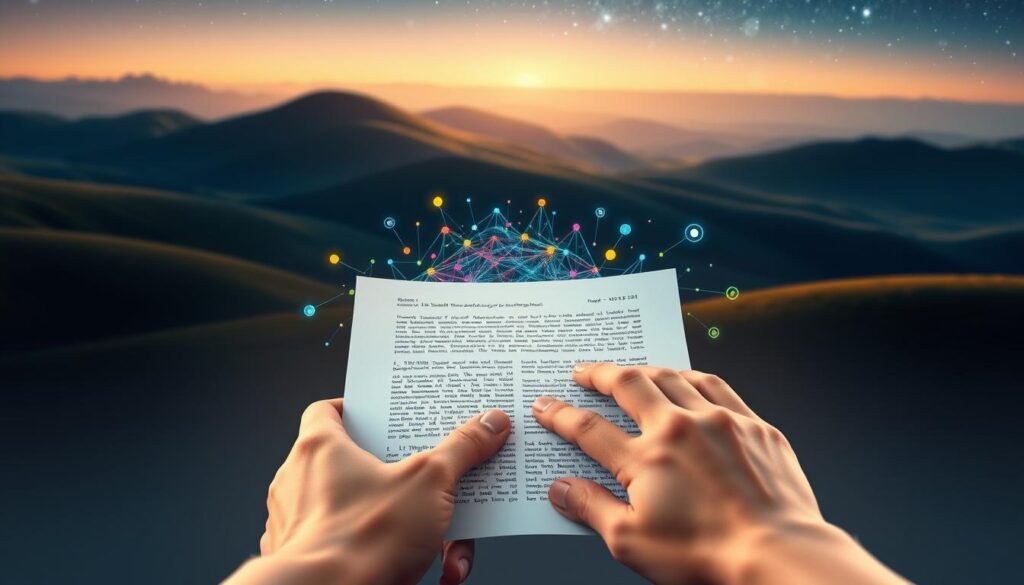 A serene, high-quality illustration showcasing the methods for ensuring AI translation quality. In the foreground, a pair of hands gently holding a document, representing the careful curation of multilingual content. In the middle ground, an abstract visualization of AI algorithms analyzing text, with vibrant colors and intricate patterns symbolizing the complexity of the translation process. The background features a calming landscape of rolling hills and a starry night sky, conveying a sense of tranquility and reliability in the AI translation services. The lighting is soft and diffused, creating a warm, inviting atmosphere. The overall composition strikes a balance between the technical and the aesthetic, reflecting the importance of both precision and user experience in AI-powered translation.