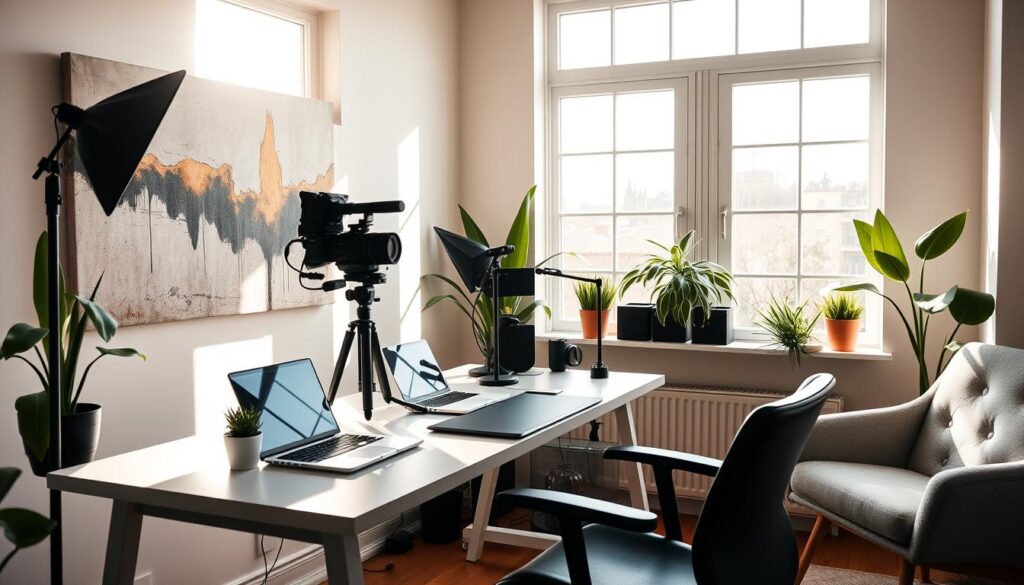 A serene home office with a professional YouTuber's setup. Sunlight streams through large windows, illuminating a sleek desk with a high-end camera, studio lighting, and a modern laptop. On the wall, an abstract canvas print hints at the creator's artistic side. Potted plants and a cozy armchair suggest a balance between work and relaxation. The atmosphere conveys a sense of passive income potential through consistent, high-quality content creation.