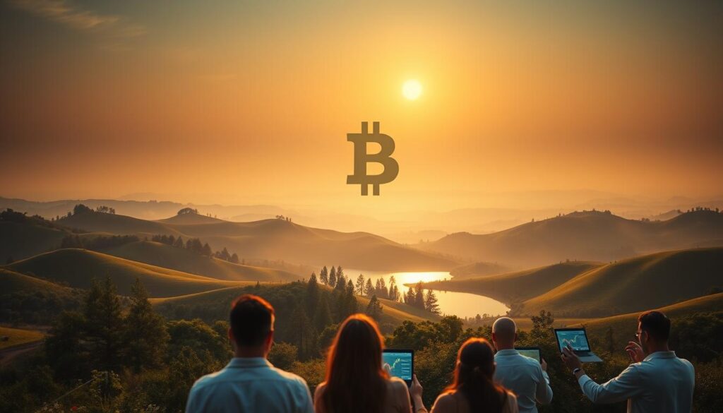 A serene landscape of rolling hills, dotted with lush greenery and a shimmering lake. In the foreground, a group of people engaged in cryptocurrency trading, their faces illuminated by the soft glow of digital screens. In the middle ground, a stylized cryptocurrency symbol rises majestically, casting a warm, golden light over the scene. The background is a hazy, dreamlike sky, infused with the warm tones of a setting sun. The overall atmosphere is one of calm, contemplation, and the promise of financial growth. Crisp, cinematic lighting and a wide, panoramic angle capture the grandeur and promise of successful cryptocurrency investment strategies.