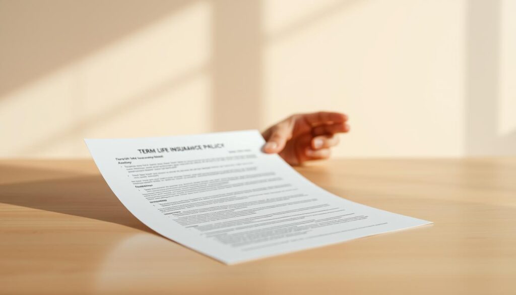 A serene, minimalist composition showcasing a term life insurance policy. In the foreground, a crisp, white document with clearly defined lines and text, conveying a sense of professionalism and trust. The mid-ground features a hand gently placing the policy on a sleek, wooden surface, suggesting a thoughtful, considered decision. The background is a soft, warm gradient, creating a calming, meditative atmosphere. Subtle natural lighting casts gentle shadows, highlighting the document's details. The overall scene exudes a sense of security, responsibility, and financial prudence, perfectly suited to illustrate the section on "Who should get term insurance?"