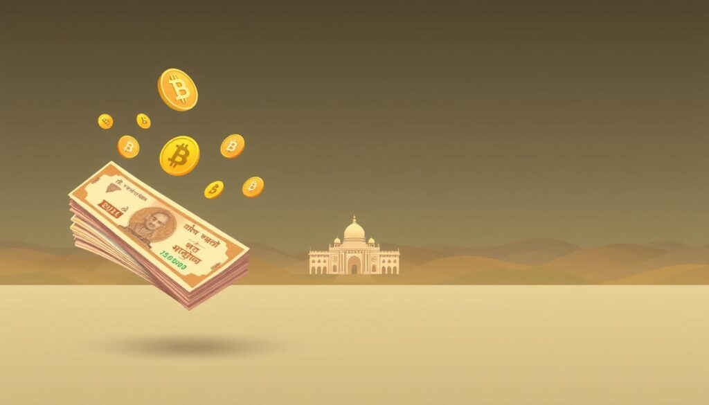 A serene, minimalist illustration showcasing the steps to start investing in cryptocurrency in India. In the foreground, a stack of Indian Rupee bills and digital currency icons float effortlessly, hinting at the interplay between traditional and modern finance. The middle ground features a stylized cityscape of Delhi, the capital, bathed in a warm, golden light, symbolizing the growth and potential of the Indian crypto market. In the background, a tranquil landscape of rolling hills and a clear sky, conveying a sense of stability and security. The composition is balanced, with clean lines and a muted color palette, creating an approachable and informative visual guide.