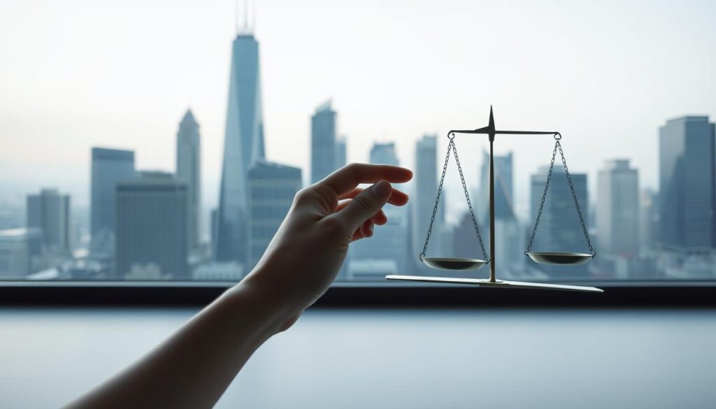 A serene, minimalist scene depicting the concept of risk management in the stock market. In the foreground, a hand delicately balances a scale, symbolizing the careful weighing of risks and rewards. The background features a sleek, modern cityscape with towering skyscrapers, suggesting the complex financial landscape. Soft, diffused lighting casts a contemplative atmosphere, emphasizing the importance of thoughtful decision-making. The overall composition conveys a sense of control, stability, and the strategic approach necessary for successful trading in the stock market.