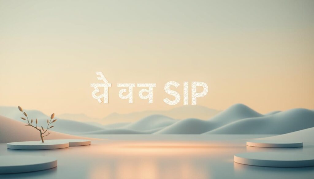 A serene, modern financial landscape with a striking focal point - a shimmering, three-dimensional representation of the text "इक्विटी म्यूचुअल फंड SIP प्लान्स" suspended in midair. The scene is bathed in soft, warm lighting, creating a sense of depth and emphasizing the sleek, minimalist design elements. In the background, a subtle gradient of calming blues and greens sets the tone, while the foreground features clean, geometric shapes and forms that echo the theme of investment planning. The overall impression is one of sophistication, stability, and opportunity, perfectly capturing the essence of the "2025 के लिए बेस्ट इक्विटी म्यूचुअल फंड SIP प्लान्स" section.