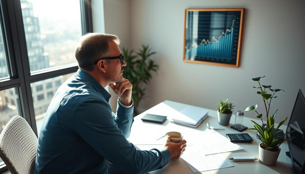 A serene office setting with sunlight streaming through large windows, illuminating a desk adorned with financial documents, a calculator, and a potted plant. On the wall, a framed stock chart displays a positive upward trend. In the foreground, a thoughtful investor sits contemplating their investment decisions, a mug of coffee by their side. The atmosphere is one of careful consideration and financial responsibility, reflecting the key considerations for successful mutual fund investment.