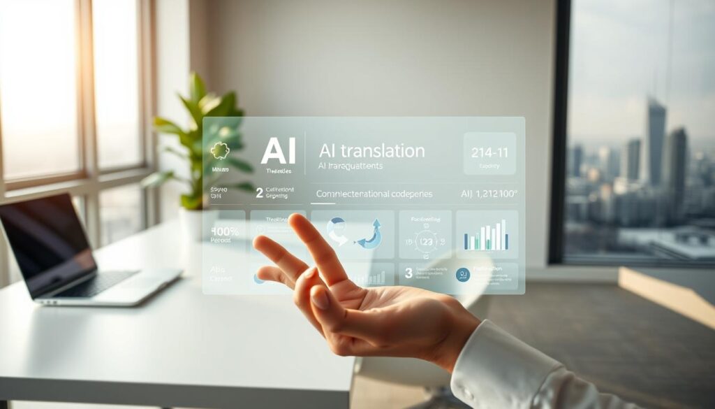 A serene office workspace with a minimalist desk, laptop, and a potted plant. Soft natural lighting filters through large windows, casting a warm glow. In the foreground, a hand gestures towards a holographic user interface displaying AI translation services in multiple languages. The middle ground showcases infographics and data visualizations highlighting the benefits of AI-powered translation. The background features a muted city skyline, conveying a sense of global connectivity. The overall mood is one of efficiency, innovation, and multilingual accessibility.