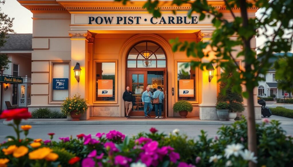 A serene post office exterior with a classic architectural design, featuring a grand entrance and ornate details. The building is bathed in warm, golden lighting, creating a welcoming atmosphere. In the foreground, a well-manicured garden with vibrant flowers and lush greenery frames the scene. The middle ground showcases the busy activity of the post office, with people entering and exiting the building, while the background depicts a peaceful, small-town setting with quaint buildings and a picturesque landscape. The overall composition conveys a sense of reliable, trustworthy government services and a tranquil, community-oriented environment.