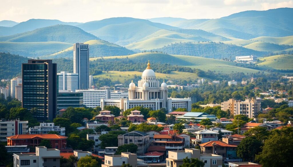 A serene scene of a bustling town, with government offices and buildings in the foreground. Towering skyscrapers and modern architecture fill the middle ground, while in the background, a lush green landscape with rolling hills and a clear blue sky create a sense of tranquility. The lighting is soft and diffused, casting a warm glow over the entire scene. The composition is balanced, with the government buildings taking center stage, symbolizing the availability of government subsidies and schemes. The overall mood is one of progress, stability, and accessibility, inviting the viewer to explore the various home loan options and benefits offered by the government.