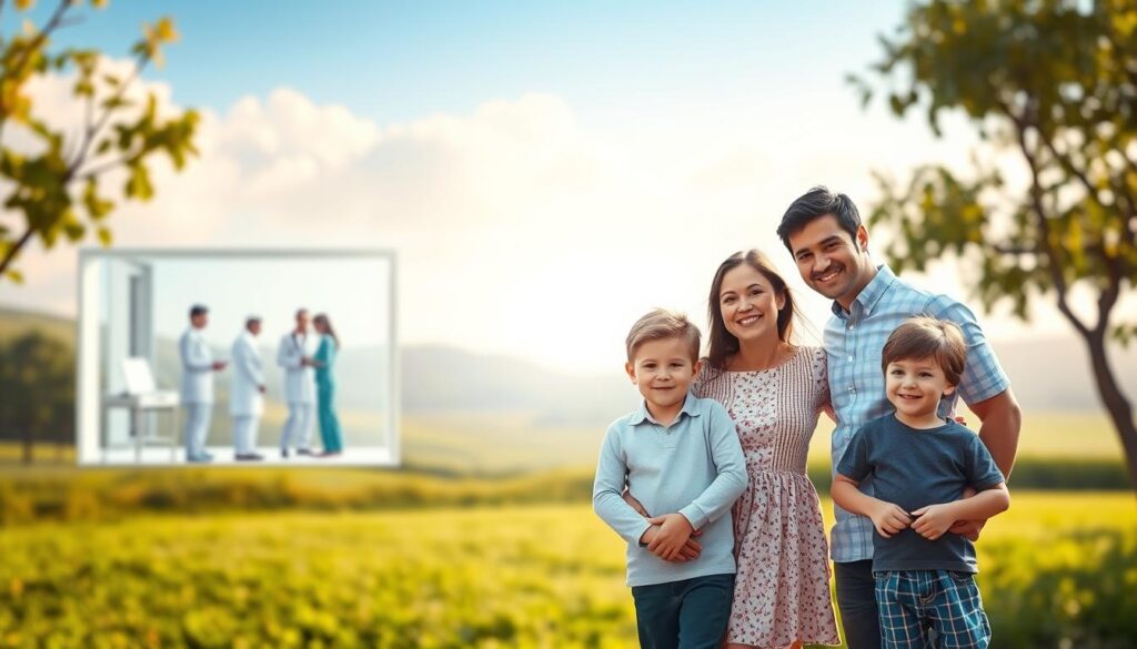 A serene, well-lit scene showcasing the benefits of child health insurance. In the foreground, a young, happy family - a mother, father, and two children - standing together, conveying a sense of security and protection. The middle ground features a medical facility, with doctors and nurses tending to the children, symbolizing the comprehensive healthcare coverage. The background depicts a peaceful, idyllic landscape, suggesting the broader context of a thriving, healthy community. The overall atmosphere is one of warmth, care, and the assurance that the children's wellbeing is a top priority.
