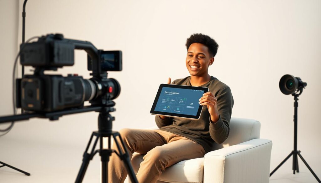 A serene, well-lit studio with a professional video camera on a sturdy tripod, capturing a person sitting comfortably in front of a clean, plain background, enthusiastically explaining concepts on a sleek, modern tablet device. Soft, natural lighting illuminates the scene, casting a warm, inviting glow. The person's expression is engaged and passionate, conveying the excitement of creating educational video content for an AI course. The overall atmosphere is one of productivity, creativity, and a dedication to sharing knowledge in an impactful way.