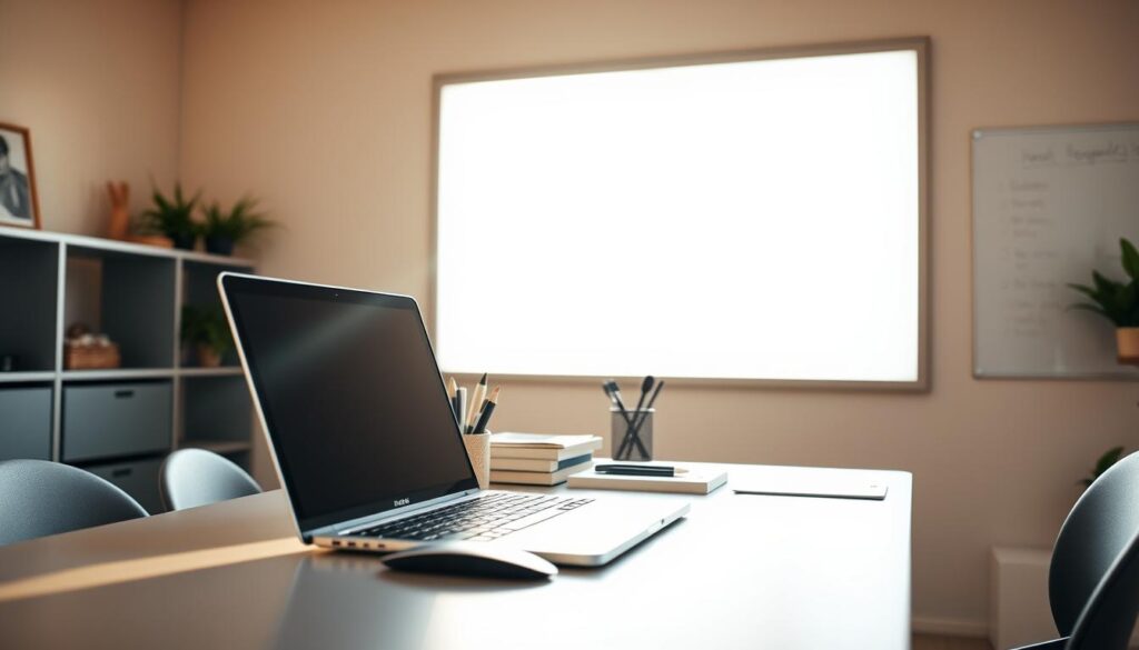 A serene workspace with a minimalist desk, featuring an open laptop, a sleek mouse, and a neatly organized assortment of office supplies. The background showcases a warm, natural lighting from a large window, casting a soft glow on the scene. The walls are adorned with a clean, whiteboard-like surface, inviting the viewer to visualize the process of keyword research. The overall atmosphere conveys a sense of focus, productivity, and the pursuit of digital marketing insights.
