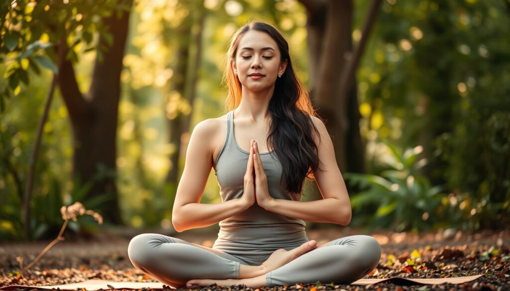 A serene yoga practitioner in a tranquil, natural setting, legs crossed in lotus position, hands resting on knees, eyes gently closed, face radiating a sense of inner calm and focus. Warm, diffused lighting filters through verdant foliage, creating a soothing, meditative atmosphere. The composition emphasizes the subject's connection to the natural world, reflecting the role of yoga in reducing stress and anxiety. Soft, earthy tones predominate, with muted greens, browns, and blues creating a harmonious, grounding palette.