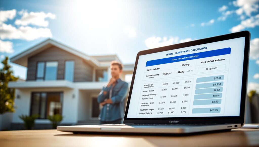 A sleek and modern Indian home against a serene blue sky, sunlight streaming through large windows. In the foreground, a laptop displays a home loan interest rate calculator, with various options and figures presented in a clear, easy-to-understand layout. The middle ground features a thoughtful homeowner considering their financial options, a sense of careful consideration and calculation evident in their pose. The background showcases the exterior of the home, lending an air of comfort, security, and the promise of a new chapter. The overall atmosphere is one of informed decision-making, financial responsibility, and the excitement of realizing the dream of homeownership.
